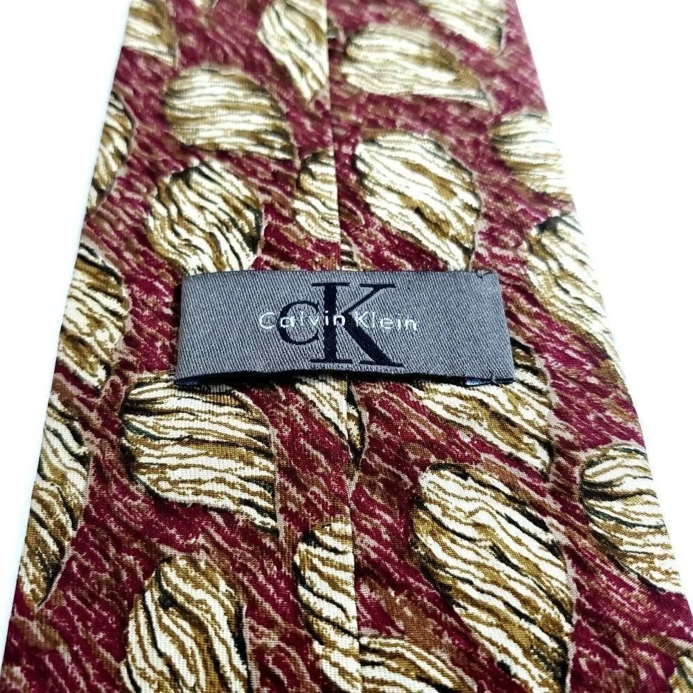 Vintage Calvin Klein Red Tan Floral Print‎ Wide Silk Tie